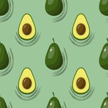 Yarım yamalak desenler ve yeşil bir arka planda koca bir avokado. Fırça darbeleri, grunge dokusu. Vektör illüstrasyonu.