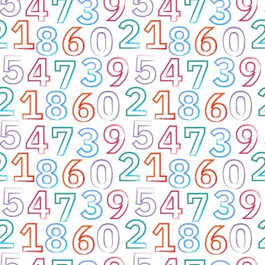 Çocuklar için renkli numaralar içeren kusursuz bir model. Fırça darbesi dokusu. Beyaz arkaplanda vektör illüstrasyonu.