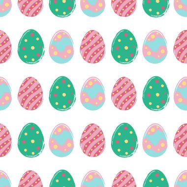 Mutlu Paskalyalar. Kusursuz desen. Renkli yumurta ve çiçekler düz bir şekilde. Beyaz arkaplanda izole edilmiş vektör illüstrasyonu.