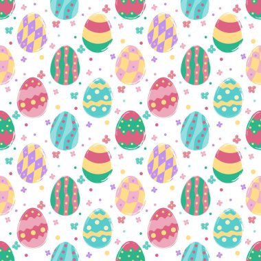 Mutlu Paskalyalar. Kusursuz desen. Renkli yumurta ve çiçekler düz bir şekilde. Beyaz arkaplanda izole edilmiş vektör illüstrasyonu.