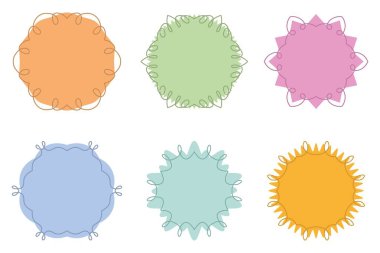 Çok renkli yuvarlak dekoratif çerçeve koleksiyonu. Eski şablonlar. Düğün, tatil ve tebrik kartları, logolar için tasarım malzemeleri. Vektör illüstrasyonu