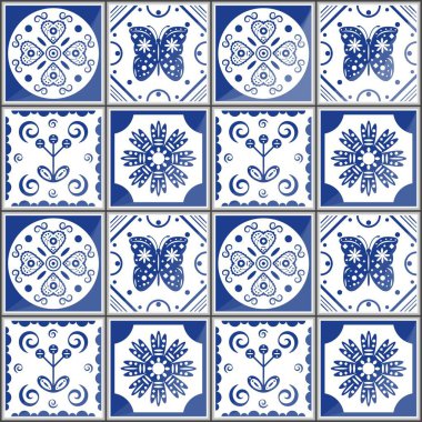 Akdeniz deseni, Portekiz vektörü Azulejo fayansı. Moda iç tasarımı. Vektör renkli şirin illüstrasyon.