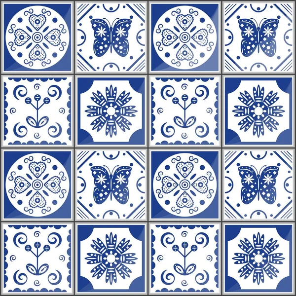 地中海无缝模式 葡萄牙病媒Azulejo瓷砖 时尚室内设计 矢量彩色可爱的插图 — 图库矢量图片