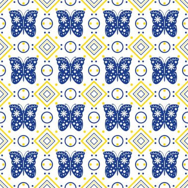 Çiçekler ve moda iç tasarımın grafik unsurlarıyla İskandinav tarzında kusursuz geometrik desen. Mavi ve sarı renkli vektör illüstrasyonu.