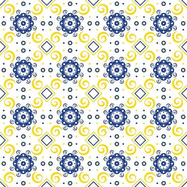 无缝隙的几何图案在斯堪的纳维亚风格与花卉和图形元素的时髦室内设计 蓝色和黄色的矢量图解 — 图库矢量图片