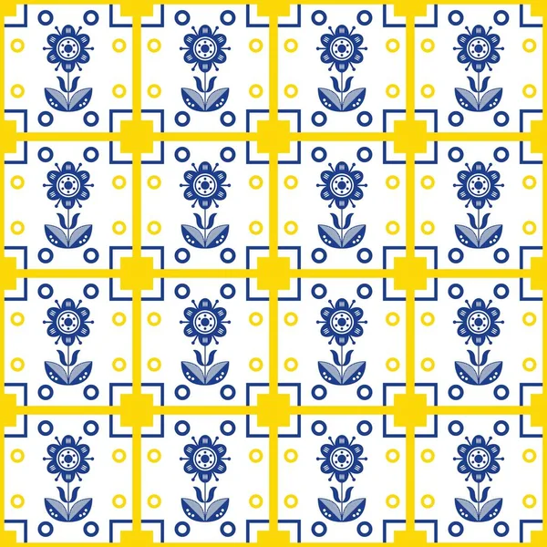 无缝隙的几何图案在斯堪的纳维亚风格与花卉和图形元素的时髦室内设计 蓝色和黄色的矢量图解 — 图库矢量图片