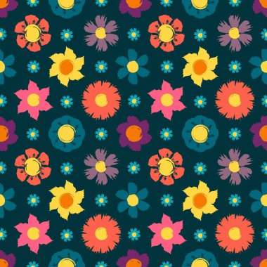 Fırça darbelerinden elde edilen çiçeklerle kusursuz desen. Vektör illüstrasyonu.