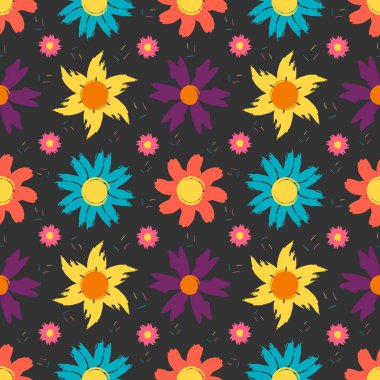 Fırça darbelerinden elde edilen çiçeklerle kusursuz desen. Vektör illüstrasyonu.