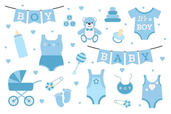 Set Stickers Birth Boy Elements Designing Postcards Posts Invitations Vector — Image vectorielle
