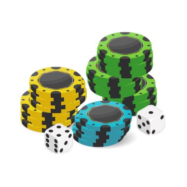 Kumarhane ve poker fişleri, zar oyunu. Tasarım için element. Gerçekçi bir tarz. Logo, pankart ya da arka plan olarak kullanılabilir. Vektör illüstrasyonu.