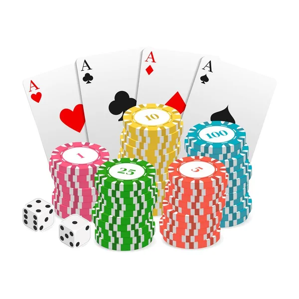 Kasino Och Poker Marker Spel Tärningar Fyra Ett Slag Kort — Stock vektor