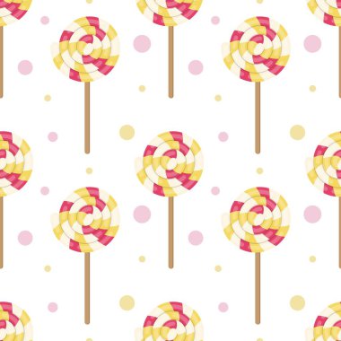 Lolipopların kusursuz bir geçmişi var. Hoş bir arkaplan, ambalaj, kağıt, duvar kağıdı, pankart tasarımı. Vektör illüstrasyonu.