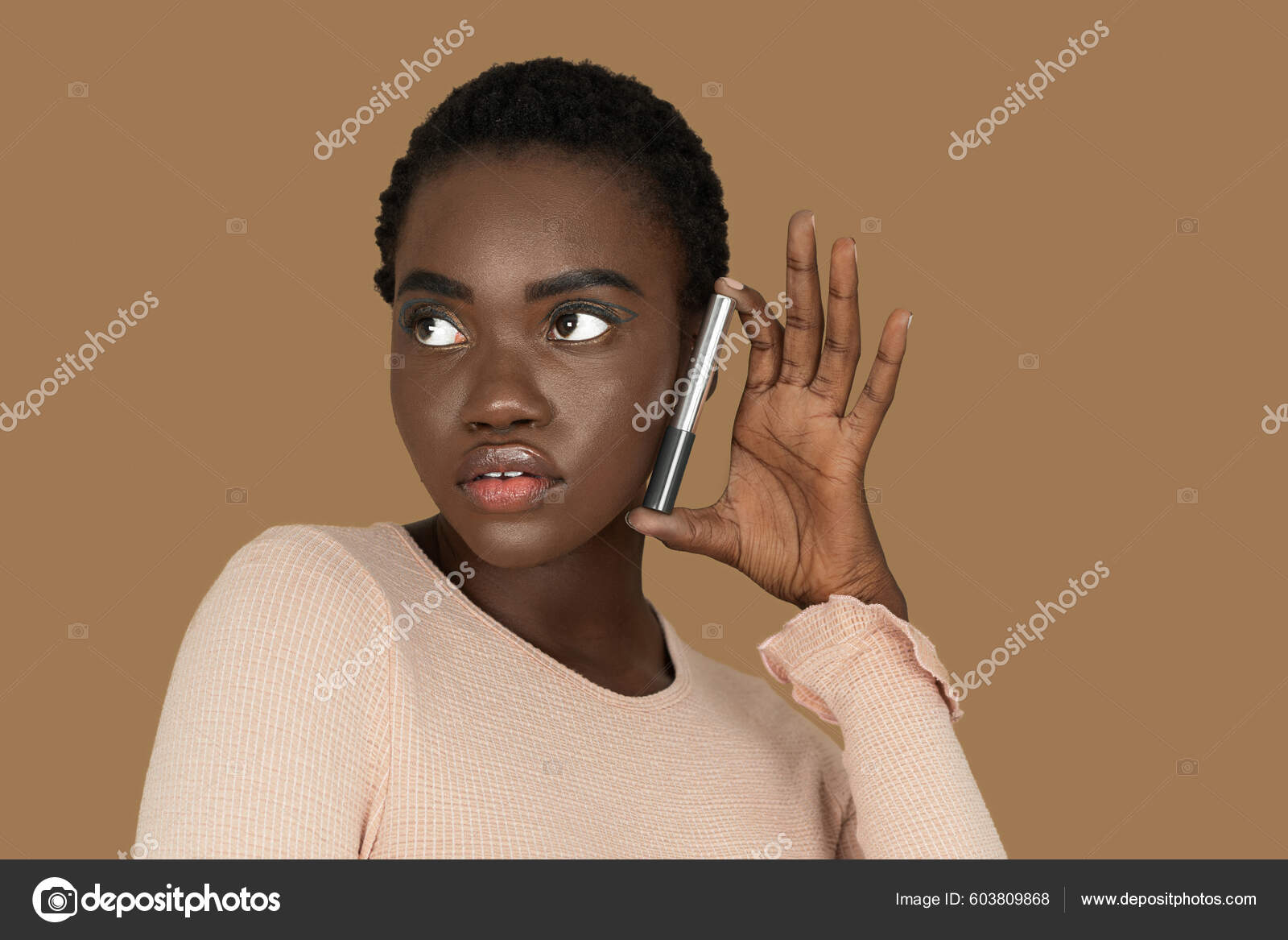  Closeup Portrait Beautiful Young Black Woman Short Afro Hair Light ...