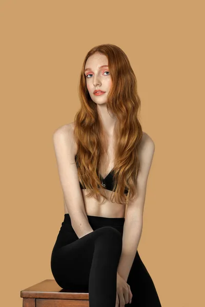 Portrait Beautiful Young White Woman Long Red Hair Light Makeup — Fotografia de Stock