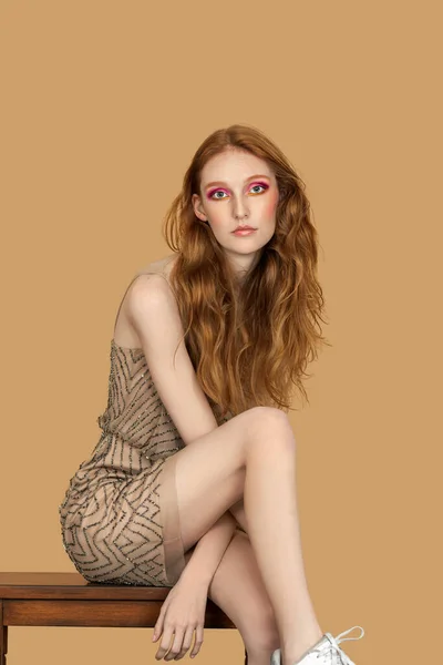 Portrait Sensual Young White Woman Long Red Hair Light Makeup — Fotografia de Stock
