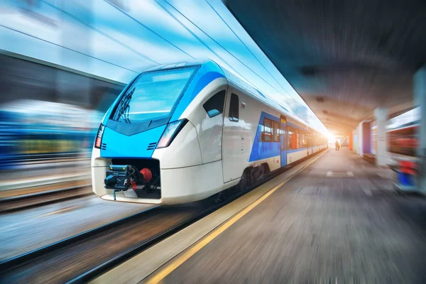High Speed Train Motion Railway Station Sunset Blue Modern Intercity — Stock Photo, Image