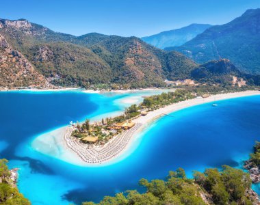Aerial view of sea bay and sandy beach in summer