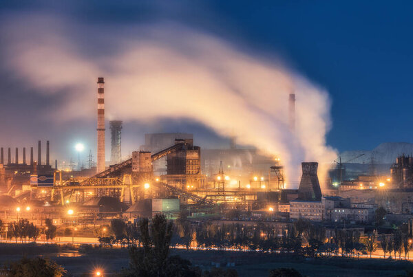 Azovstal in Mariupol, Ukraine before war. Steel plant at night