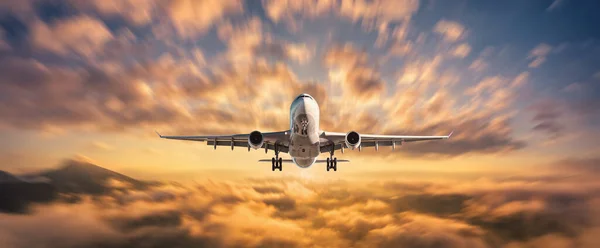 Airplane Flying Clouds Sunset Summer Landscape Passenger Airplane Mountains Orange Stock Image