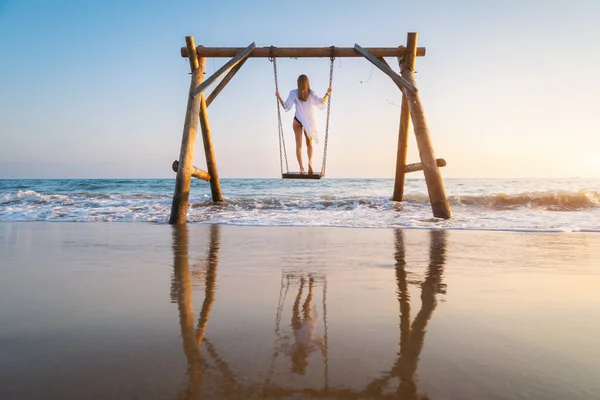 Happy Young Woman Wooden Swing Water Beautiful Blue Sea Waves — Foto Stock