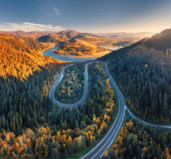 Aerial View Mountain Road Colorful Forest Sunset Autumn Ukraine Top — Stock Photo, Image