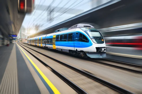 High Speed Train Motion Train Station Sunset Blue Modern Intercity — Stock Photo, Image