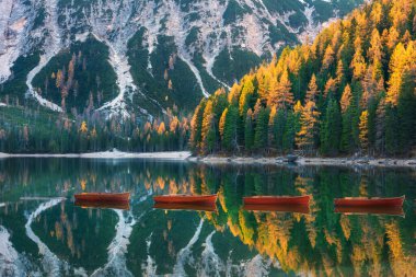 İtalya 'nın Dolomites şehrinde sonbaharda gündoğumunda Braies Gölü' nde kırmızı ahşap kayıklar. Sonbahar ormanı, dağlar, yansımalı su, renkli yapraklı ağaçlar. İtalyan Alpleri 'nde seyahat et. Doğa