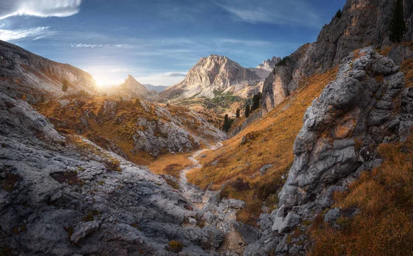 Beautiful mountain path, rocks and stones, orange trees at sunset in autumn in Dolomites, Italy. Colorful landscape with forest, rocks, trail, orange grass and blue sky in fall. Hiking in mountains