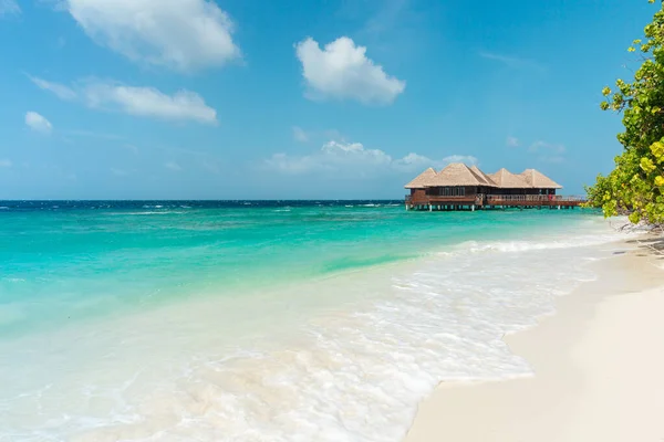 Paradise Beach Scene White Sand Ocean Water Bungalows Maldives Stock Picture