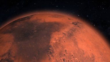 Dönen gezegen Mars karanlıkta izole edilir. Uzaydan Mars gezegeninin ön görüntüsü. Mars 4k çözünürlüğünün tam 3d görüntüsü.