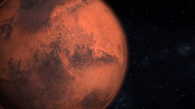 Dönen gezegen Mars karanlıkta izole edilir. Uzaydan Mars gezegeninin ön görüntüsü. Mars 4k çözünürlüğünün tam 3d görüntüsü.