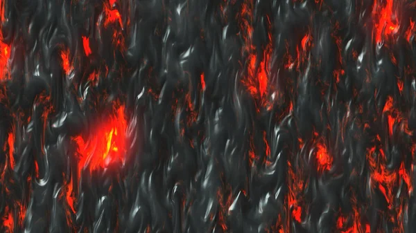 Yerdeki sıcak lavlar. Yanan kömürler- çatlak yüzey. Soyut doğa deseni- parlayan sönük alev. 3D çizim volkanı patlaması