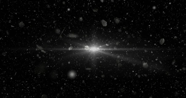 Göktaşları uzayda uçuyor. Büyük bir patlamadan sonra uzayda kayalar ve yıldızlar uçuşuyor..