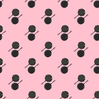 Yakınlarda sapı ve tavası olan bir tencere var. Mutfak aletlerinin üst görüntüsü. Pembe arka planda kusursuz tabak resimleri. Üst Manzara. 3 boyutlu görüntü. 3d oluşturma.