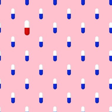 Pembe arka planda tıbbi kapsüllerin çizimleri. Kapsüllerden biri kırmızı. 3 boyutlu görüntüleme. 3B resim