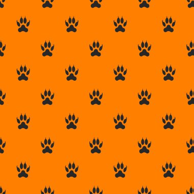 Pati görüntülerinden bir şablon. Turuncu arka planda siyah izole edilmiş hayvan pençeleri. 3D görüntüleme. 3d resim.