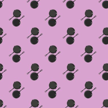 Yakınlarda sapı ve tavası olan bir tencere var. Mutfak aletlerinin üst görüntüsü. Mor arkaplandaki tabağın kusursuz çizimleri. Üst Manzara. 3 boyutlu görüntü. 3d oluşturma.