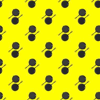 Yakınlarda sapı ve tavası olan bir tencere var. Mutfak aletlerinin üst görüntüsü. Sarı arka planda tabağın kusursuz çizimleri. Üst Manzara. 3 boyutlu görüntü. 3d oluşturma.