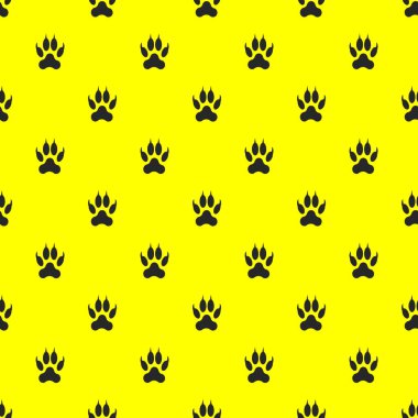 Pati görüntülerinden bir şablon. Sarı arka planda siyah izole edilmiş bir çift hayvan pençesi. 3D görüntüleme. 3d resim.