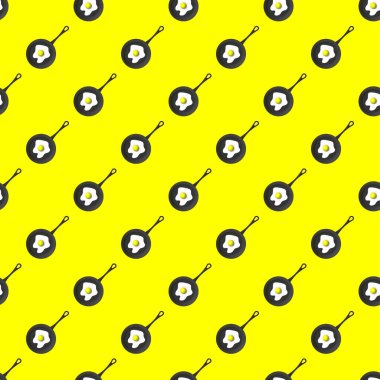 Yumurtalı bir tavanın kusursuz desenli görüntüleri. Küçük siyah kaplar. Sarı arka planda kızartma tavası. 3 boyutlu görüntü. 3d oluşturma