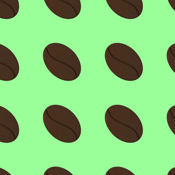 Drawing of images of coffee beans on the background of the color of green mint. template for overlaying on the surface. seamless pattern. 3D rendering. 3D image