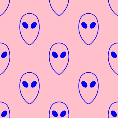 Kusursuz desen. Pembe arka planda bir uzaylının mavi kafası. UFO. 3D görüntüleme. 3d resim.