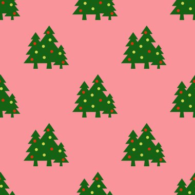 Kusursuz desen. Mor arka planda topları olan yeşil Noel ağaçları. Yeni yılın ve Noel 'in sembolü. Yüzeyde kaplama şablonu. 3 boyutlu görüntü. 3d oluşturma