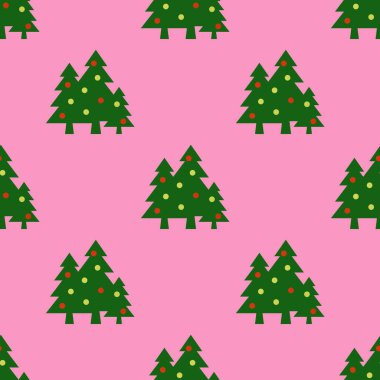 Kusursuz desen. Mor arka planda topları olan yeşil Noel ağaçları. Yeni yılın ve Noel 'in sembolü. Yüzeyde kaplama şablonu. 3 boyutlu görüntü. 3d oluşturma