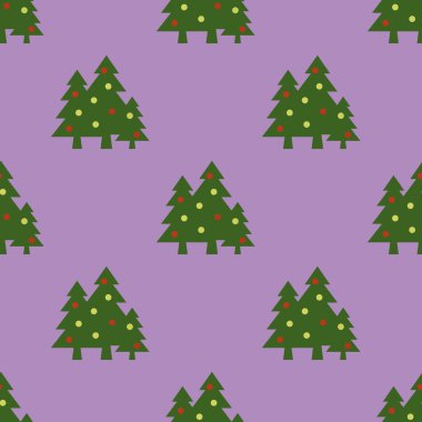 Kusursuz desen. Mor arka planda topları olan yeşil Noel ağaçları. Yeni yılın ve Noel 'in sembolü. Yüzeyde kaplama şablonu. 3 boyutlu görüntü. 3d oluşturma