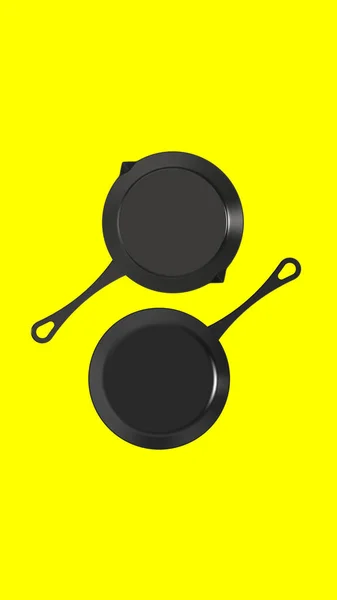 近くには鍋とフライパンがある 台所用品のトップビュー 黄色の背景に料理 縦の画像 3D画像 3Dレンダリング — ストック写真