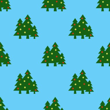 Kusursuz desen. Mavi arka planda topları olan yeşil Noel ağaçları. Yeni yılın ve Noel 'in sembolü. Yüzeye başvurmak için şablon. 3 boyutlu görüntü. 3d oluşturma