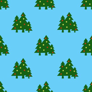 Kusursuz desen. Mavi arka planda topları olan yeşil Noel ağaçları. Yeni yılın ve Noel 'in sembolü. Yüzeye başvurmak için şablon. 3 boyutlu görüntü. 3d oluşturma