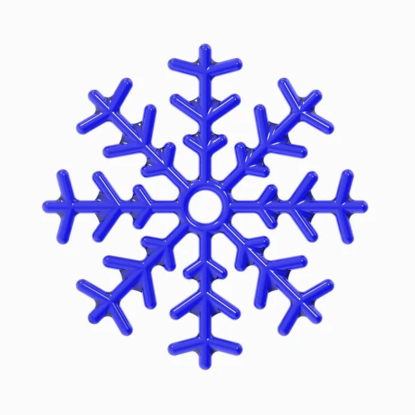 Beyaz arka planda mavi camdan yapılmış kar tanesi. Kışın sembolü. Bakışlı buzlu bir figür. Kare görüntü. 3 boyutlu görüntü. 3B görüntüleme.