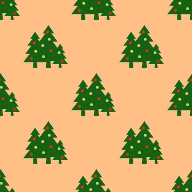 Kusursuz desen. Pastel sarı arka planda topları olan yeşil Noel ağaçları. Yeni yılın ve Noel 'in sembolü. Yüzeye uygulama şablonu. 3 boyutlu görüntü. 3d oluşturma